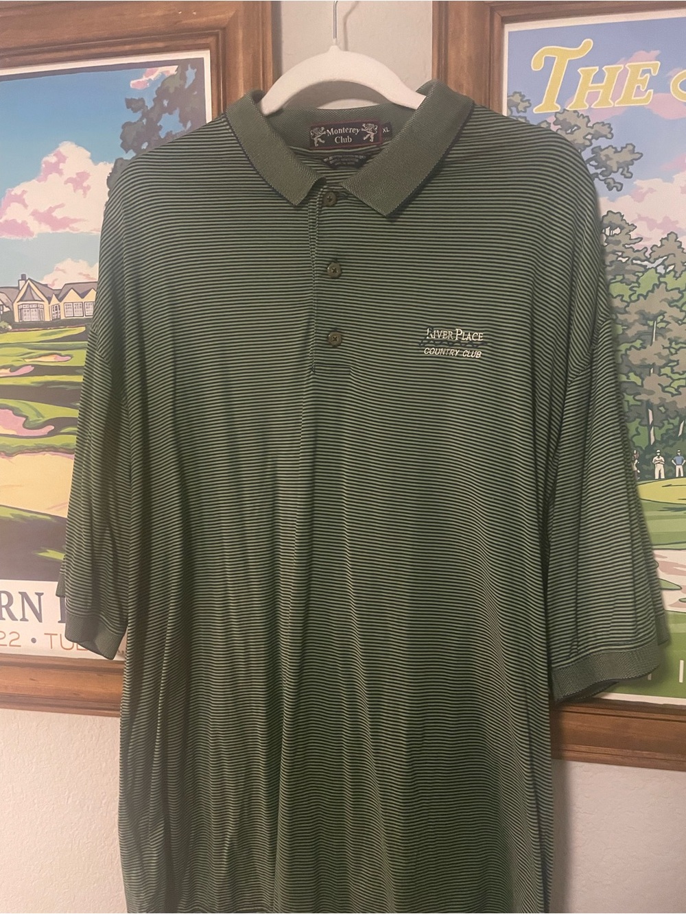 Vintage Monterey Club River Place Country Club Golf Polo Shirt XL Green Striped